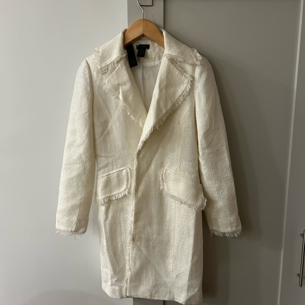 NWT, Long Winter White Boucle Jacket with Fringe Details